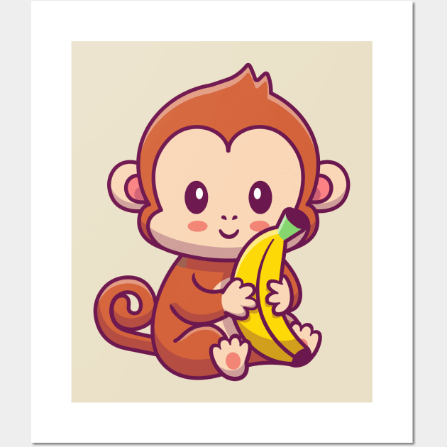 Cute Monkey Holding Banana Cartoon Wall Art by Catalyst Labs
